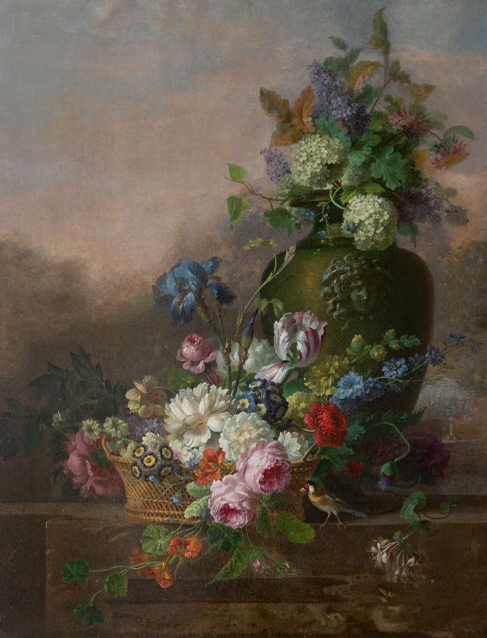 Leen W. van | Willem van Leen, A flower still life with roses, a tulip, an iris and other flowers, oil on canvas 116.2 x 90.8 cm, signed vaguely signed