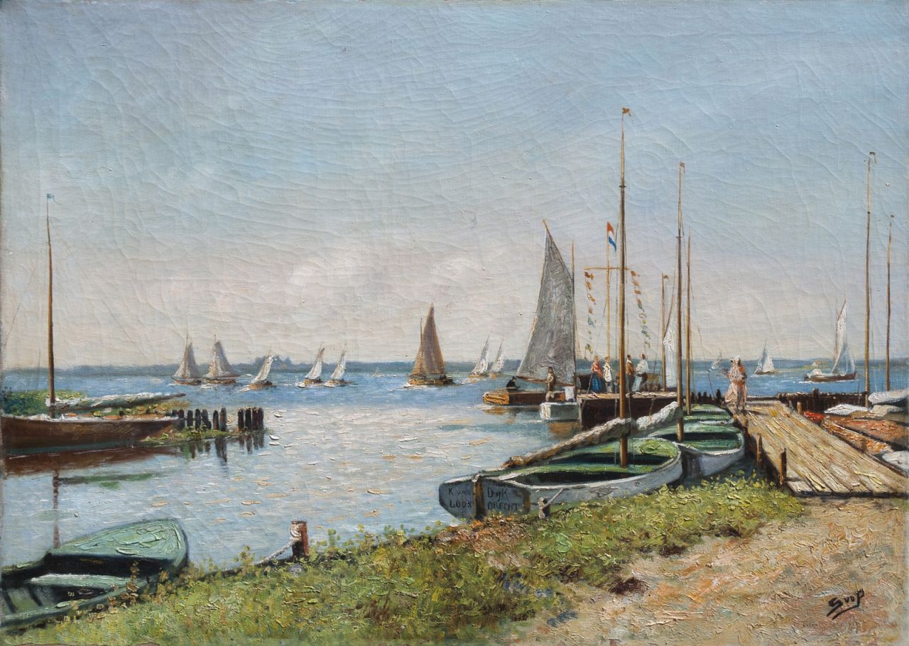 Pek H.W.J. van der | 'Hendrika' Wilhelmina Jacoba van der Pek, Moored sailing boats in Loosdrecht, oil on canvas 50.3 x 70.3 cm, signed l.r. with initials