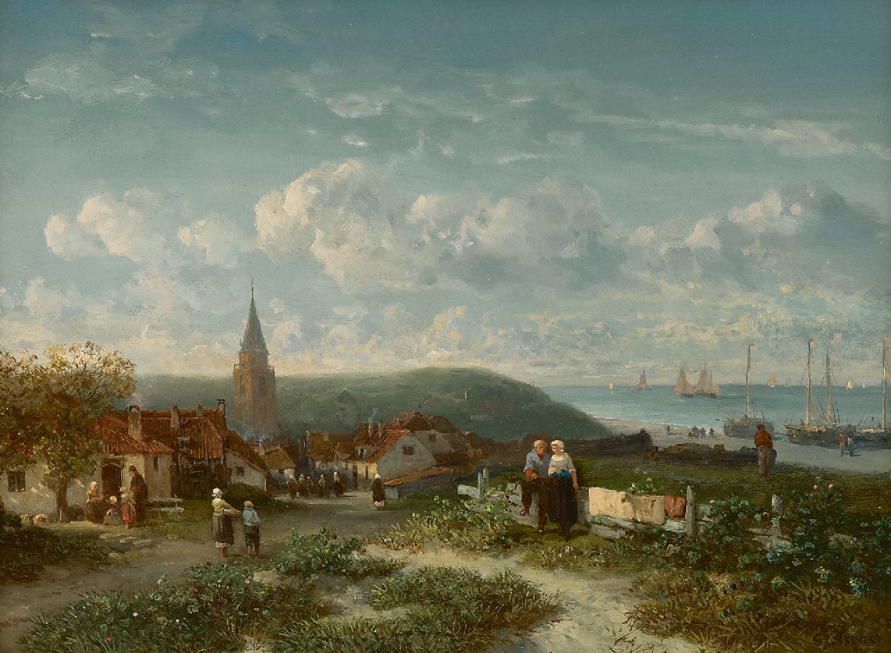 Verveer S.L.  | 'Salomon' Leonardus Verveer | Paintings offered for sale | Panoramic view of the fishing village of Scheveningen and the beach, oil on panel 24.1 x 33.7 cm, signed l.r. and dated '64