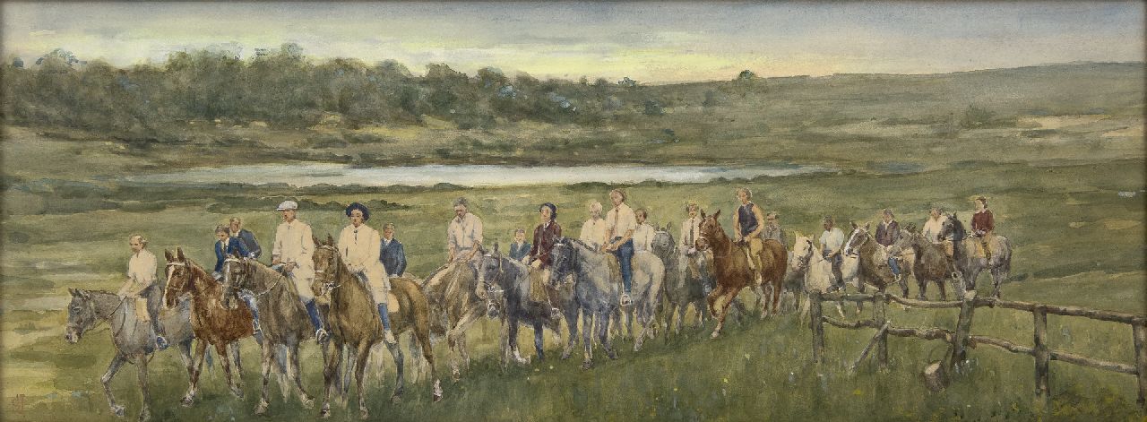 Jonge J.A. de | Johan Antoni de Jonge, Riders in the dunes, watercolour on paper 24.0 x 65.1 cm, signed l.l. with monogram