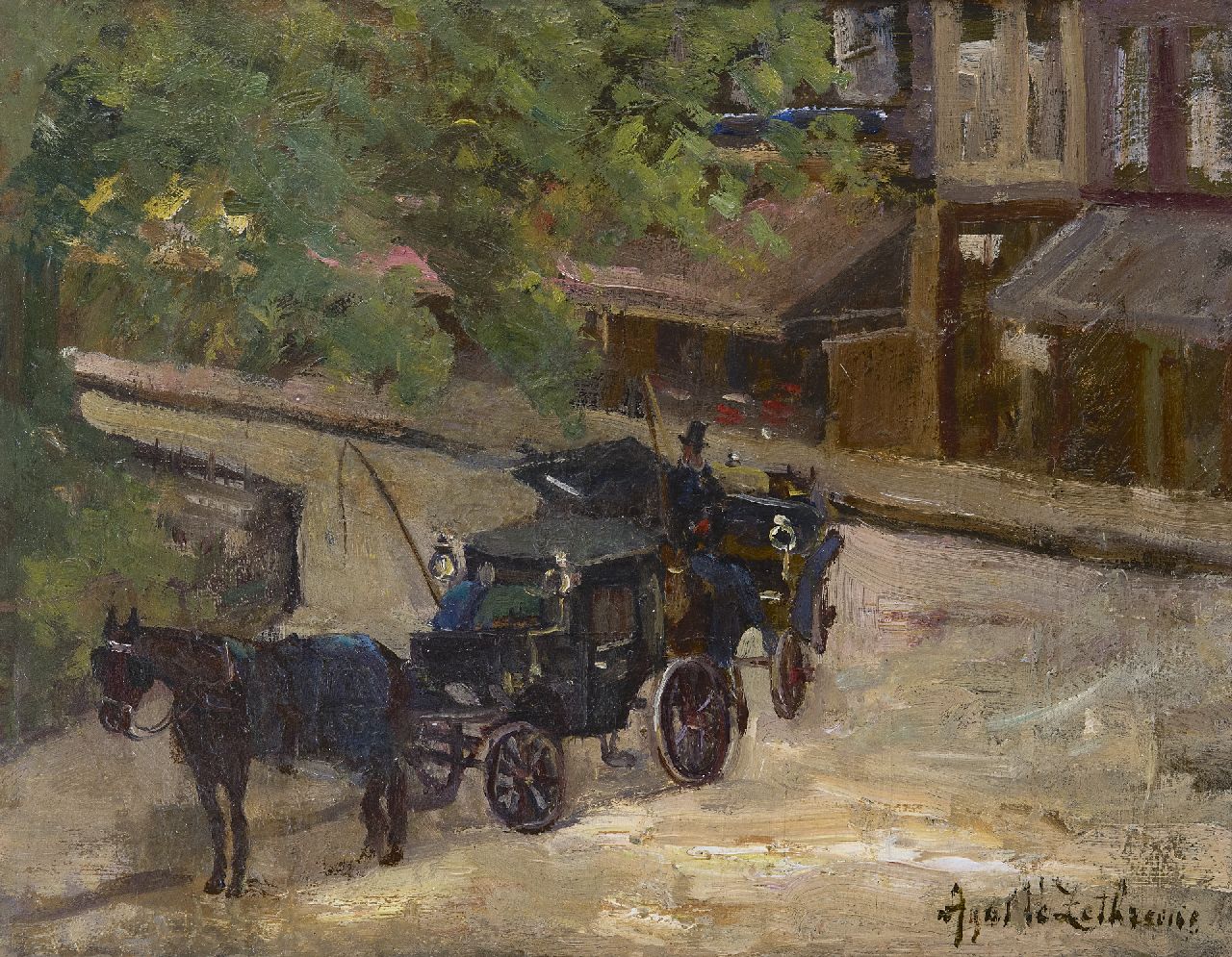 Zethraeus A.W.  | 'Agatha' Wilhelmina Zethraeus, Carriages on the Rembrandtplein, Amsterdam, oil on board 28.0 x 35.5 cm, signed l.r.