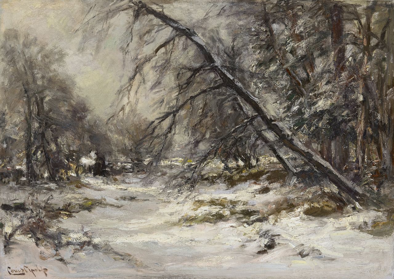 Apol L.F.H.  | Lodewijk Franciscus Hendrik 'Louis' Apol, A forest path in winter, oil on canvas 50.1 x 70.3 cm, signed l.l.