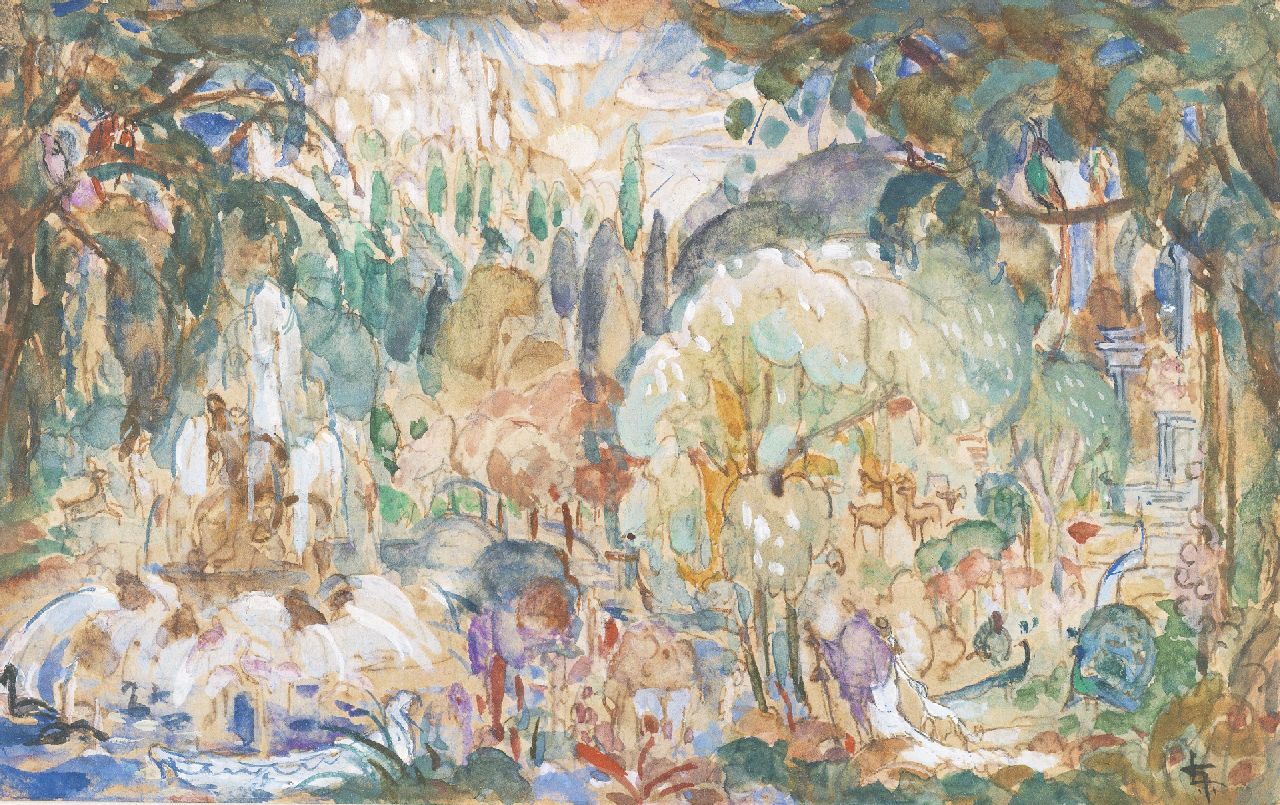 Gestel L.  | Leendert 'Leo' Gestel, Paradise, watercolour and gouache on paper 8.9 x 14.1 cm, signed l.r. with monogram