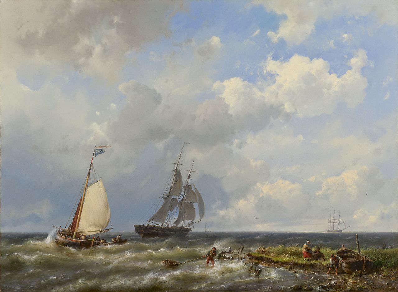 Koekkoek H.  | Hermanus Koekkoek, Sailing vessels near the coast, oil on canvas 55.6 x 75.4 cm, signed l.r. and dated 1858