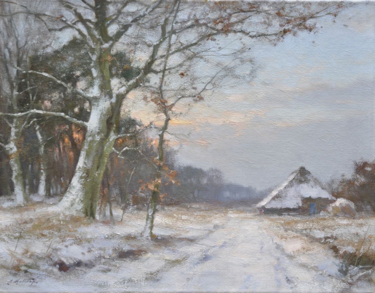 Holtrup J.  | Jan Holtrup, A winter landscape in The Achterhoek, oil on canvas 35.3 x 45.2 cm, signed l.l.