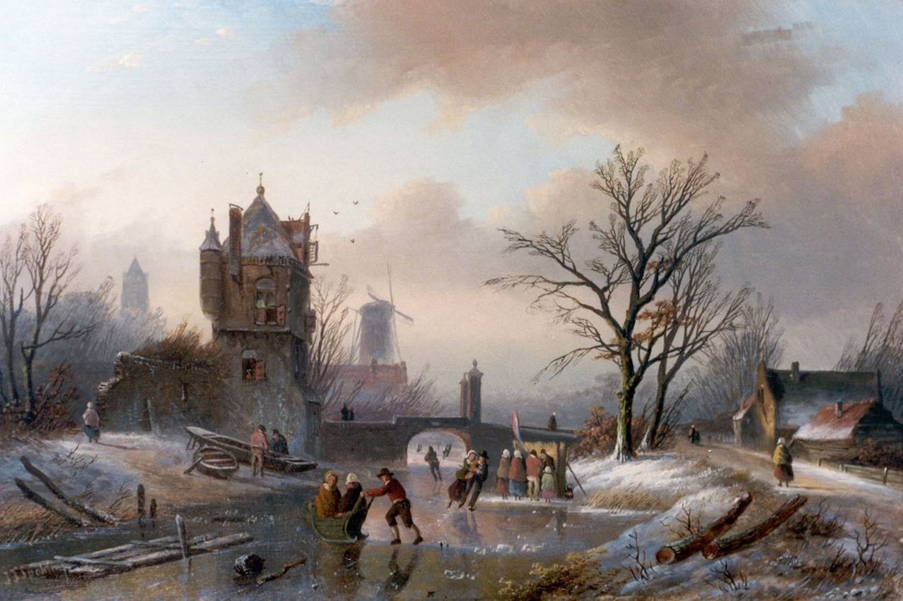 Spohler J.J.  | Jan Jacob Spohler, Skaters on a frozen waterway by a ruin, oil on panel 22.3 x 33.5 cm, signed l.l.