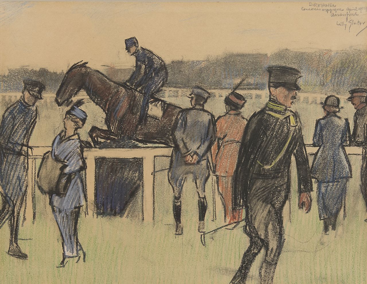 Sluiter J.W.  | Jan Willem 'Willy' Sluiter | Watercolours and drawings offered for sale | Concours Hippique op Birkhoven, coloured chalk on paper 27.2 x 36.0 cm, signed u.r. and dated 'april 1910 Amersfoort'