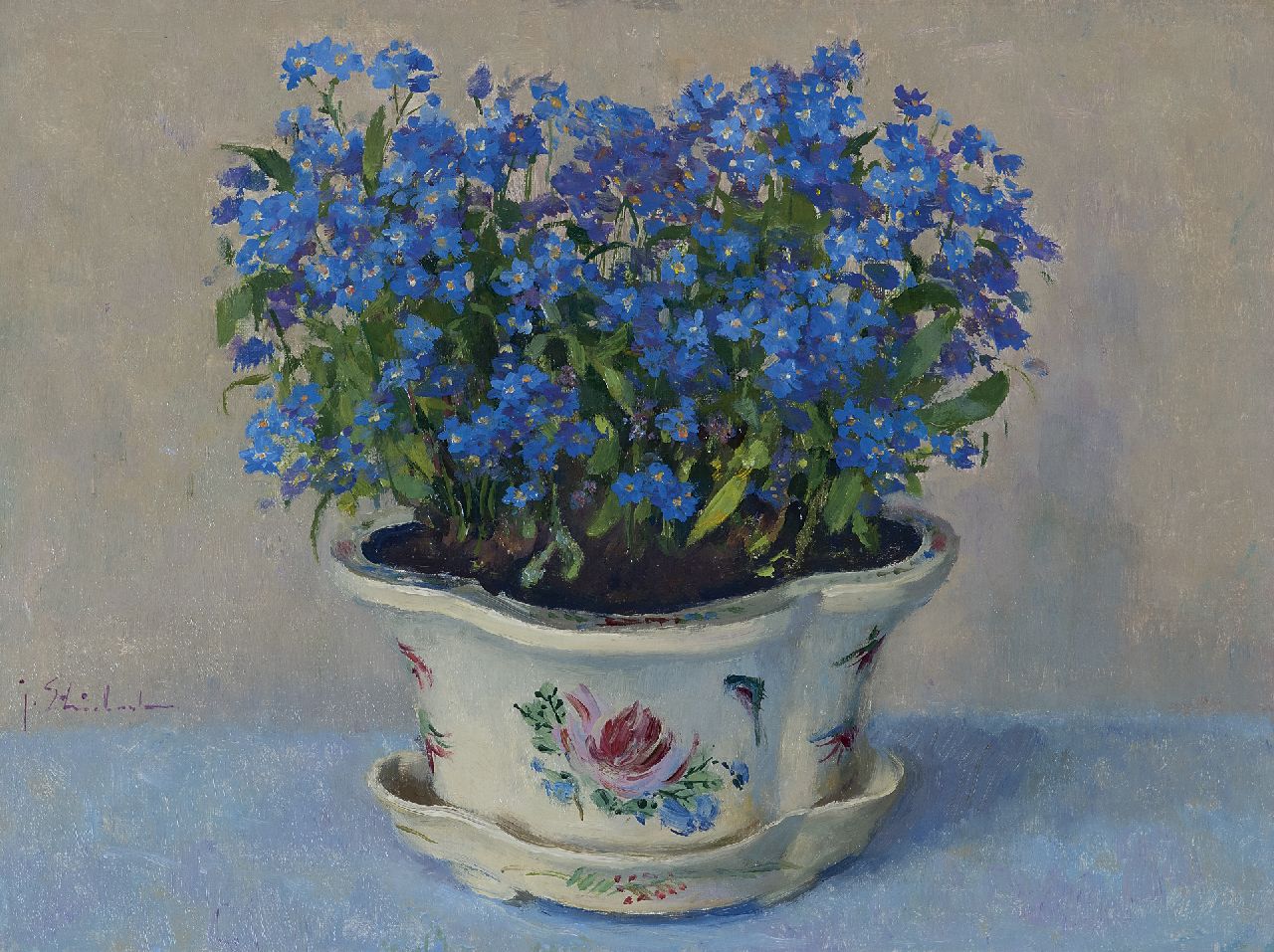 Stierhout J.A.U.  | Josephus Antonius Ubaldus 'Joop' Stierhout, Myosotis in ornamental pot, oil on canvas 30.2 x 40.2 cm, signed l.l.