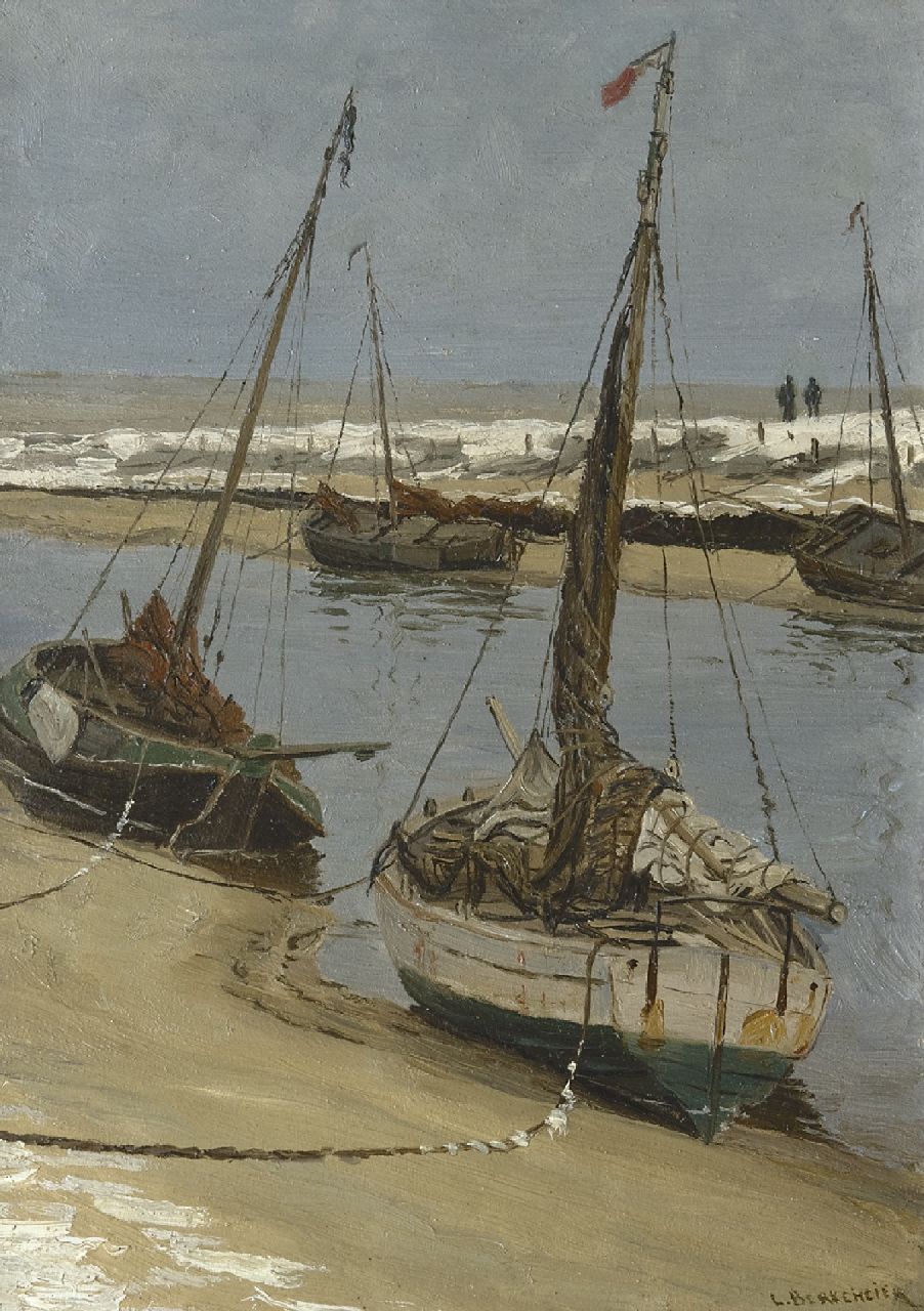 Ludolph Berkemeier | Fishing boats on the 'Uitwatering' in Katwijk aan Zee at low tide, oil on panel, 35.5 x 25.1 cm, signed l.r.