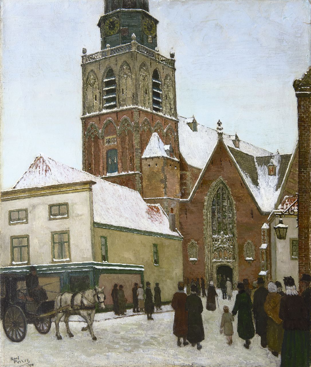 Peizel B.  | Bartele 'Bart' Peizel, Going to church in the snow  (St. Janskerk, Gouda), oil on canvas 60.1 x 50.2 cm, signed l.l. and on the reverse and dated '40