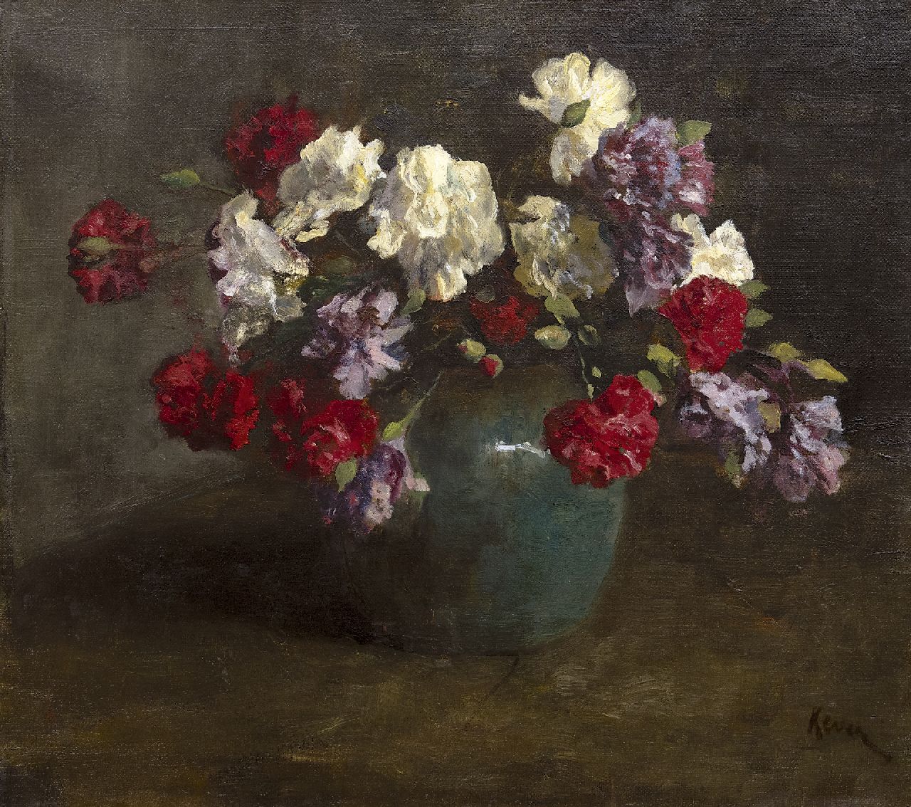 Kever J.S.H.  | Jacob Simon Hendrik 'Hein' Kever, Carnations in a green vase, oil on canvas 45.2 x 50.3 cm, signed l.r.