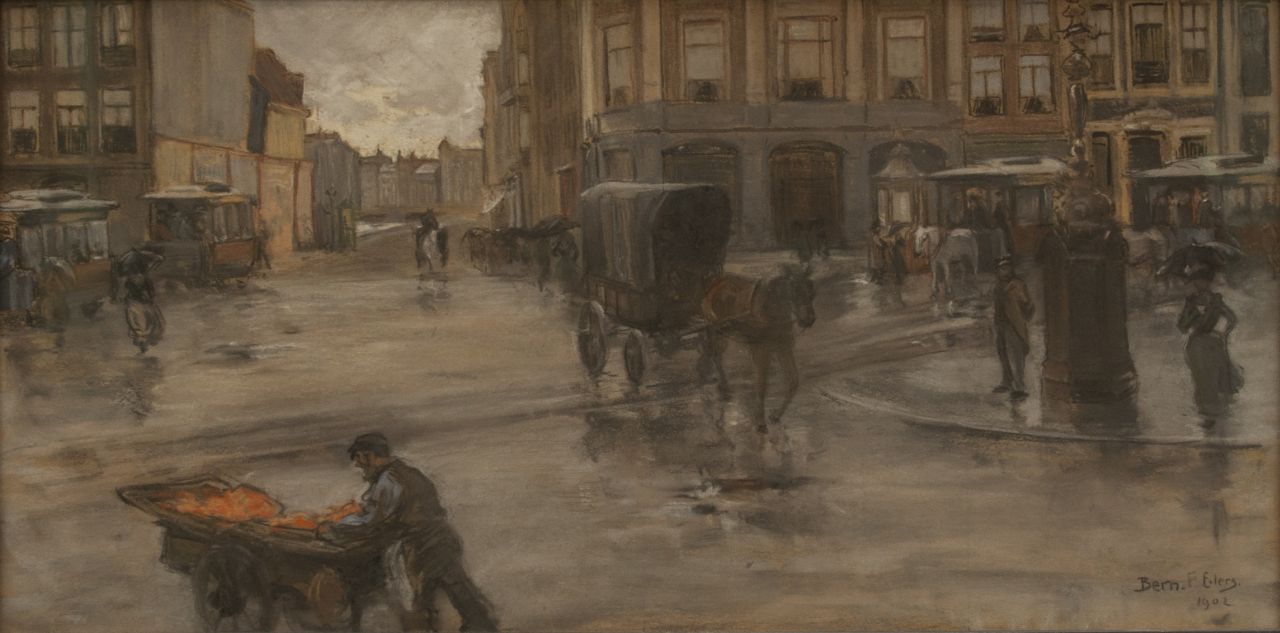 Bernard Eilers | A rainy day on the Dam in Amsterdam, pastel on paper, 29.0 x 56.9 cm, signed l.r. and dated 1902