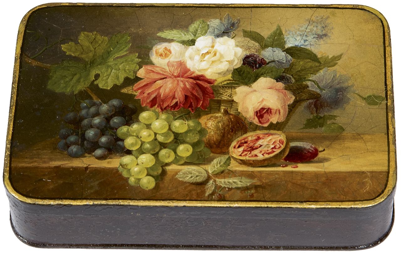 Arnoldus Bloemers | Box painted with flowers and fruit, oil on tin, 9.3 x 14.0 cm, painted ca. 1833