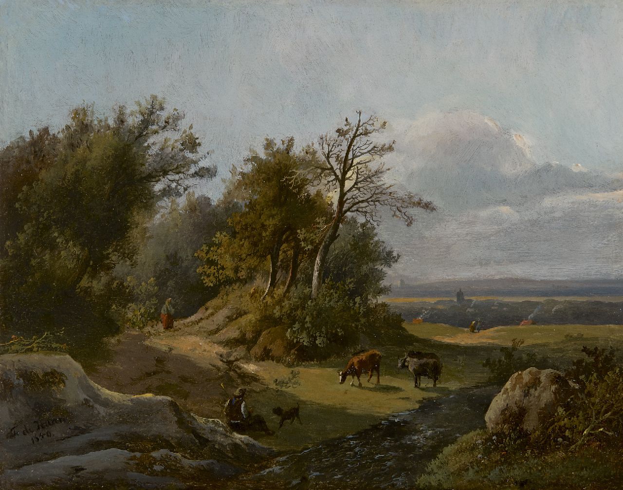 Haan F.A. de | Franciscus Antonius de Haan | Paintings offered for sale | A shepherd with his cattle in a hilly landscape, oil on panel 21.2 x 26.9 cm, signed l.l. and dated 1850