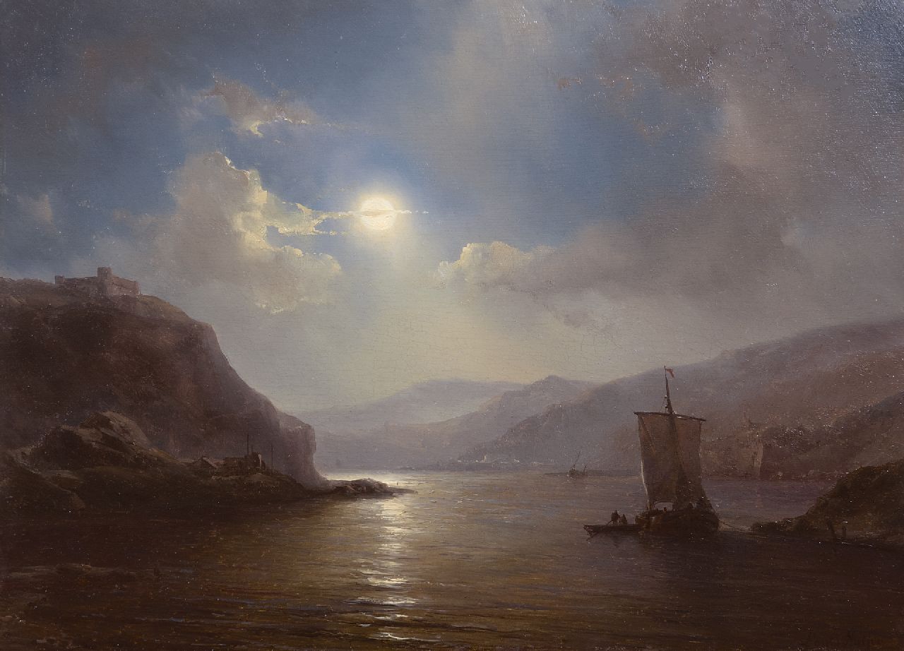 Meijer J.H.L.  | Johan Hendrik 'Louis' Meijer | Paintings offered for sale | A moonlit river landscape with a sailing ship, oil on panel 30.0 x 41.4 cm, signed l.r.
