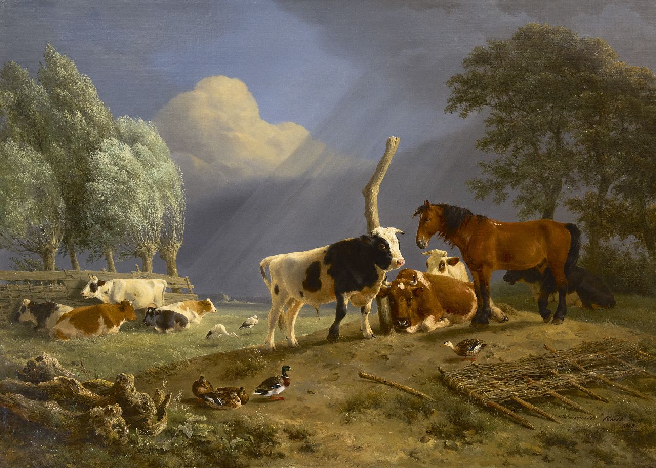 Ronner-Knip H.  | Henriette Ronner-Knip, Horse and cattle in a landscape, a storm approaching, oil on canvas 75.9 x 104.6 cm, signed l.r. and dated 1842