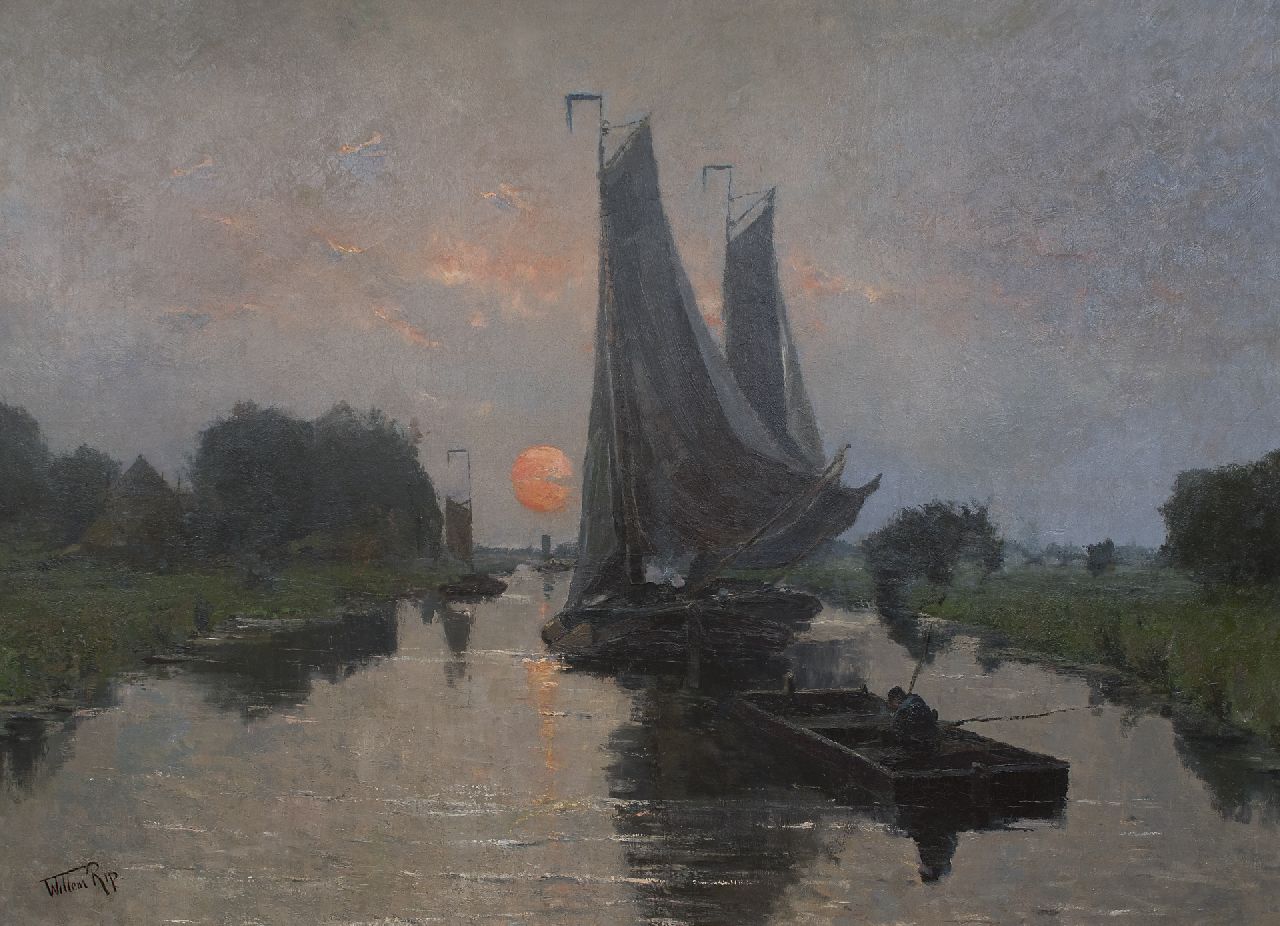 Rip W.C.  | 'Willem' Cornelis Rip, Ships sailing at sunset, oil on canvas 140.0 x 190.2 cm, signed l.l.