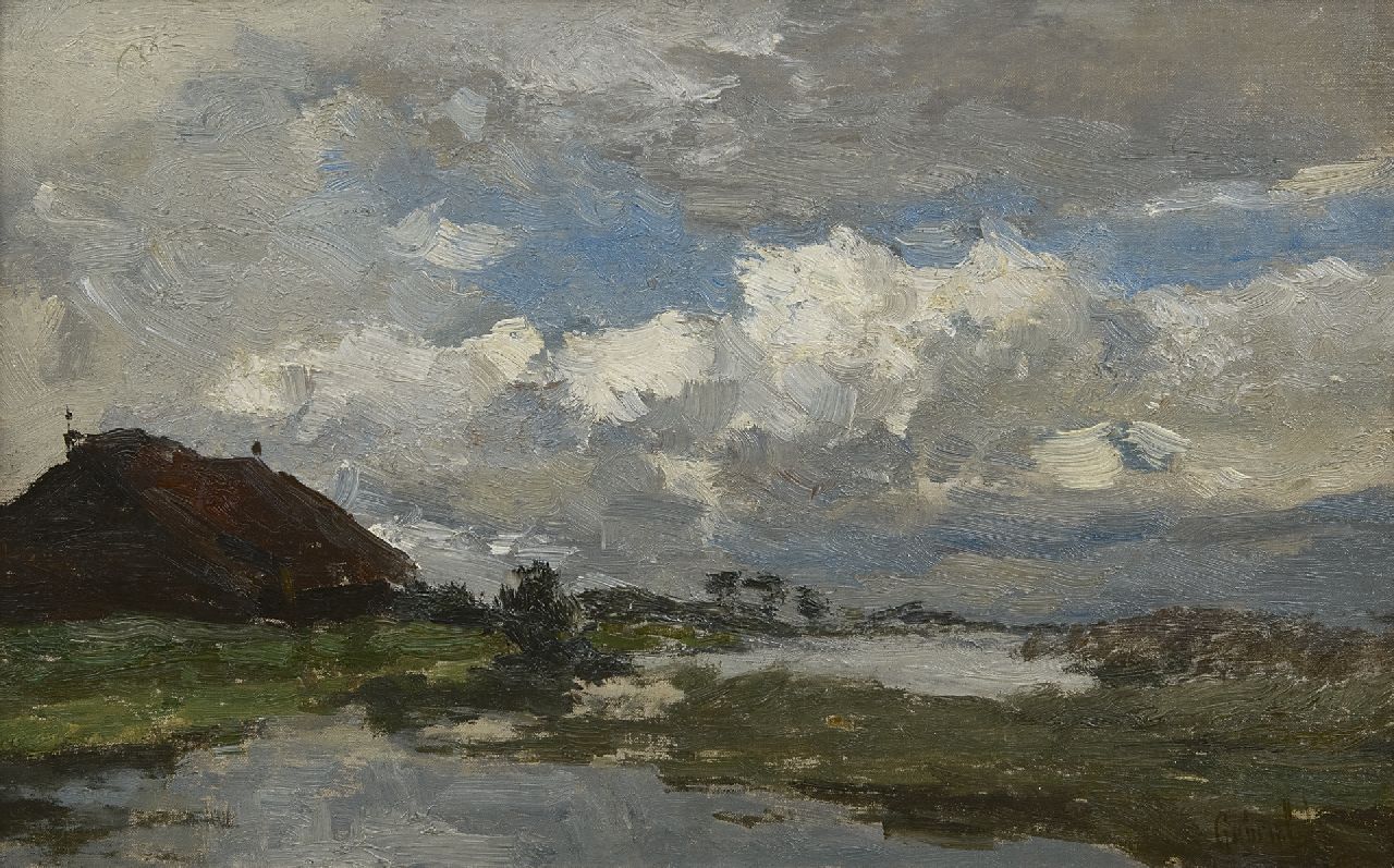 Gabriel P.J.C.  | Paul Joseph Constantin 'Constan(t)' Gabriel, Landscape under a cloudy sky, oil on canvas laid down on panel 24.1 x 38.0 cm, signed l.r.