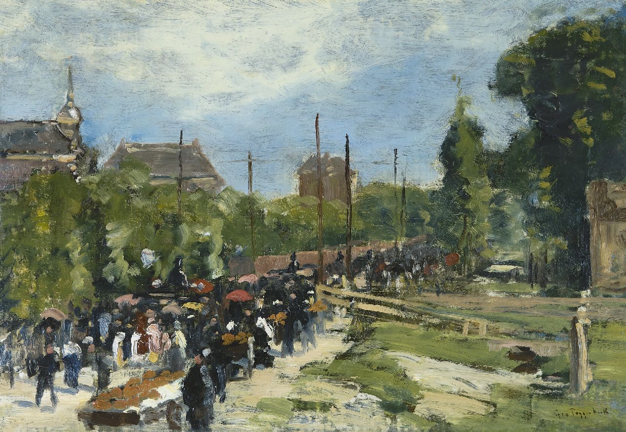 Poggenbeek G.J.H.  | George Jan Hendrik 'Geo' Poggenbeek | Paintings offered for sale | Procession in Amsterdam, oil on canvas 33.9 x 48.2 cm, signed l.r.