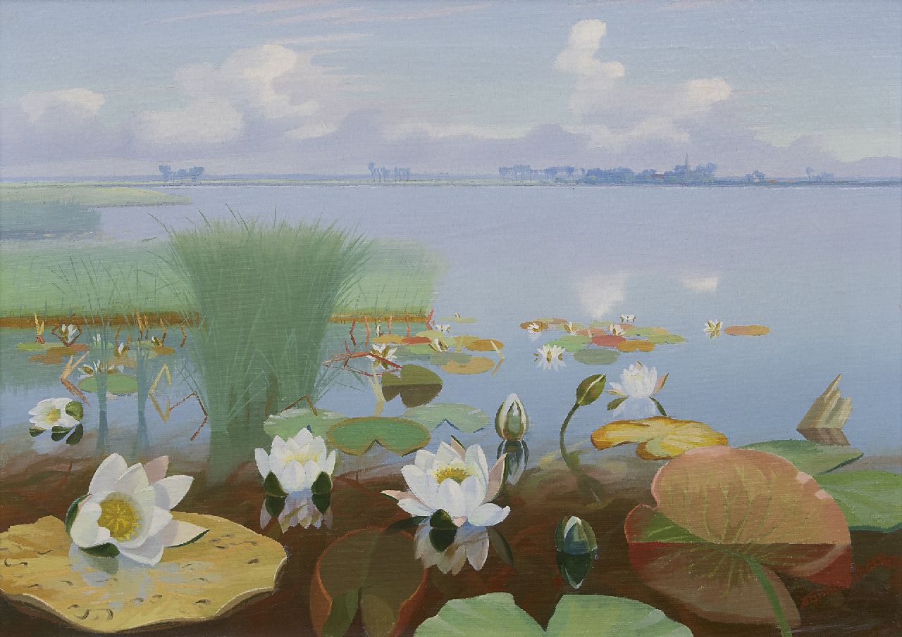 Smorenberg D.  | Dirk Smorenberg, Water lilies in the Loosdrechtse Plassen, oil on canvas 50.8 x 70.3 cm, signed l.r.