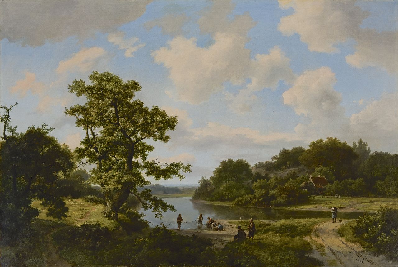 Koekkoek/Koekkoek sr. M.A. I /H. M.A.I /H.  | Marinus Adrianus /Hermanus Koekkoek/Koekkoek sr. M.A. I /H., Hauling in the nets in a wooded landscape, oil on canvas 67.0 x 99.8 cm, signed l.r. and dated 1866