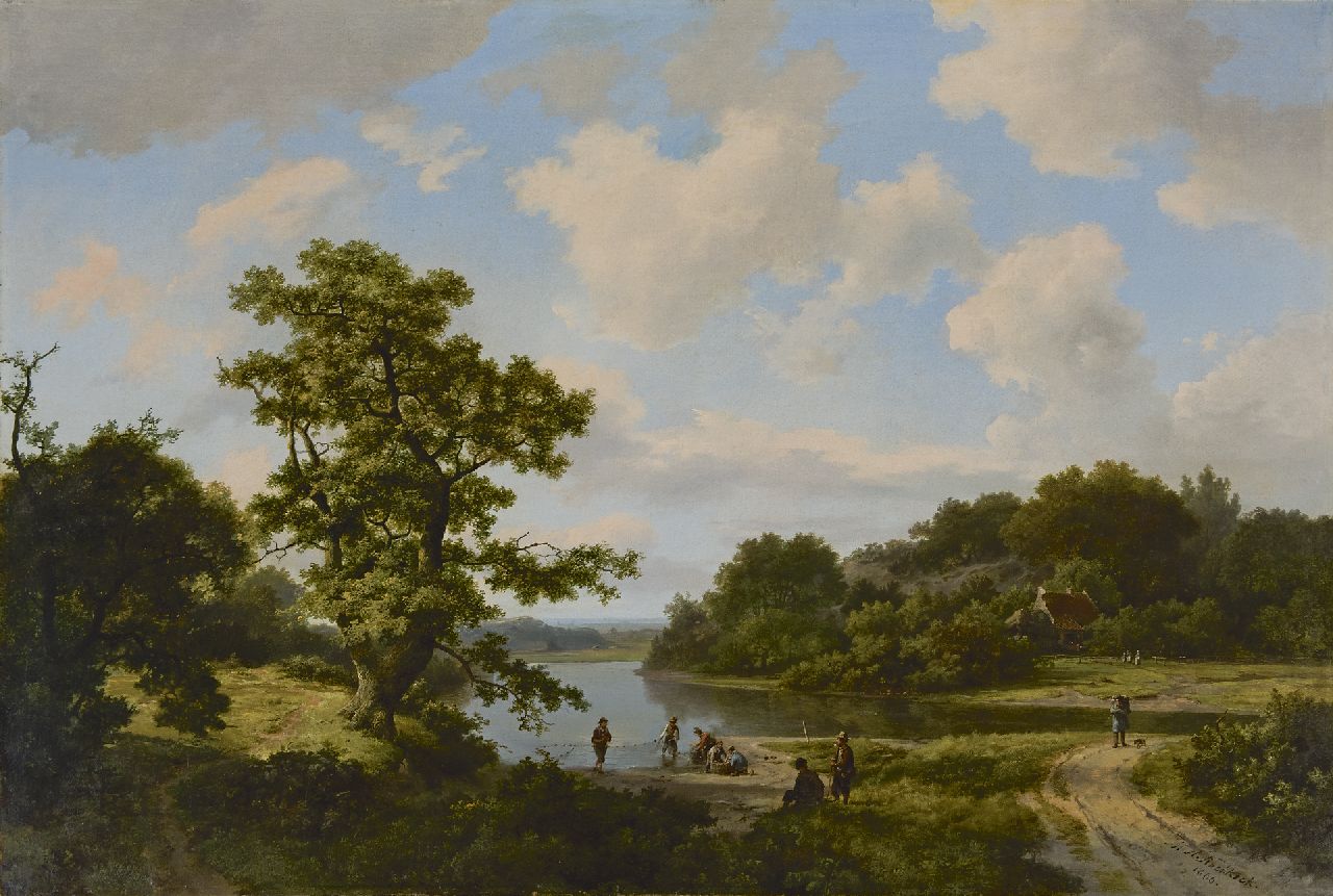 Koekkoek/Koekkoek sr. M.A. I /H. M.A.I /H.  | Marinus Adrianus /Hermanus Koekkoek/Koekkoek sr. M.A. I /H., Hauling in the nets in a wooded landscape, oil on canvas 67.0 x 99.8 cm, signed l.r. and dated 1866