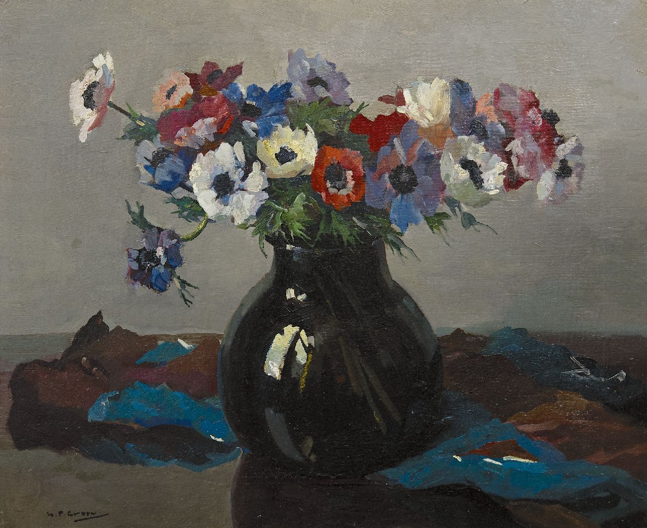 Groen H.P.  | Hendrik Pieter 'Piet' Groen, Anemones in a vase, oil on canvas 45.0 x 55.1 cm, signed l.l.