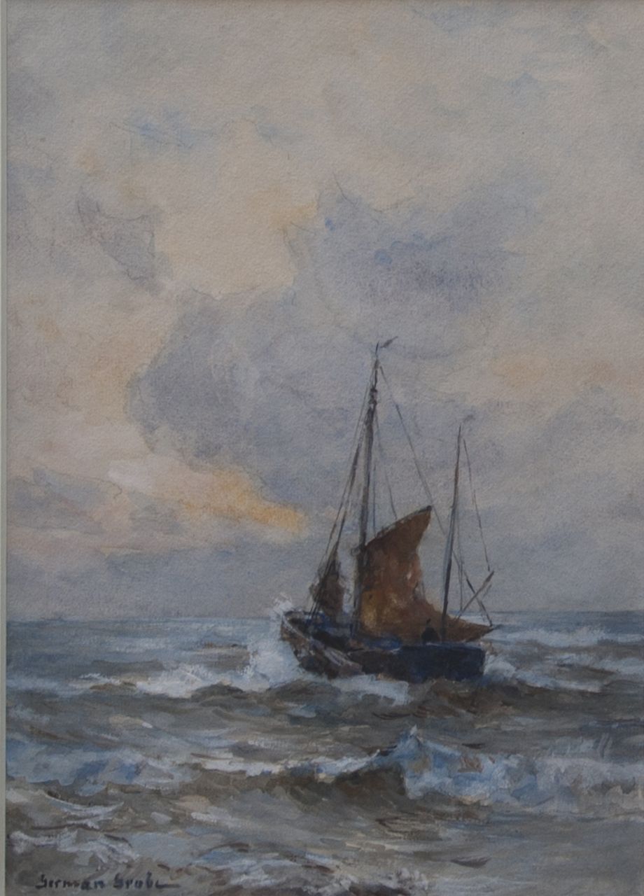 Grobe P.G.  | Philipp 'German' Grobe, Fishing boat setting sail, Katwijk, watercolour on paper 33.3 x 23.3 cm, signed l.l.