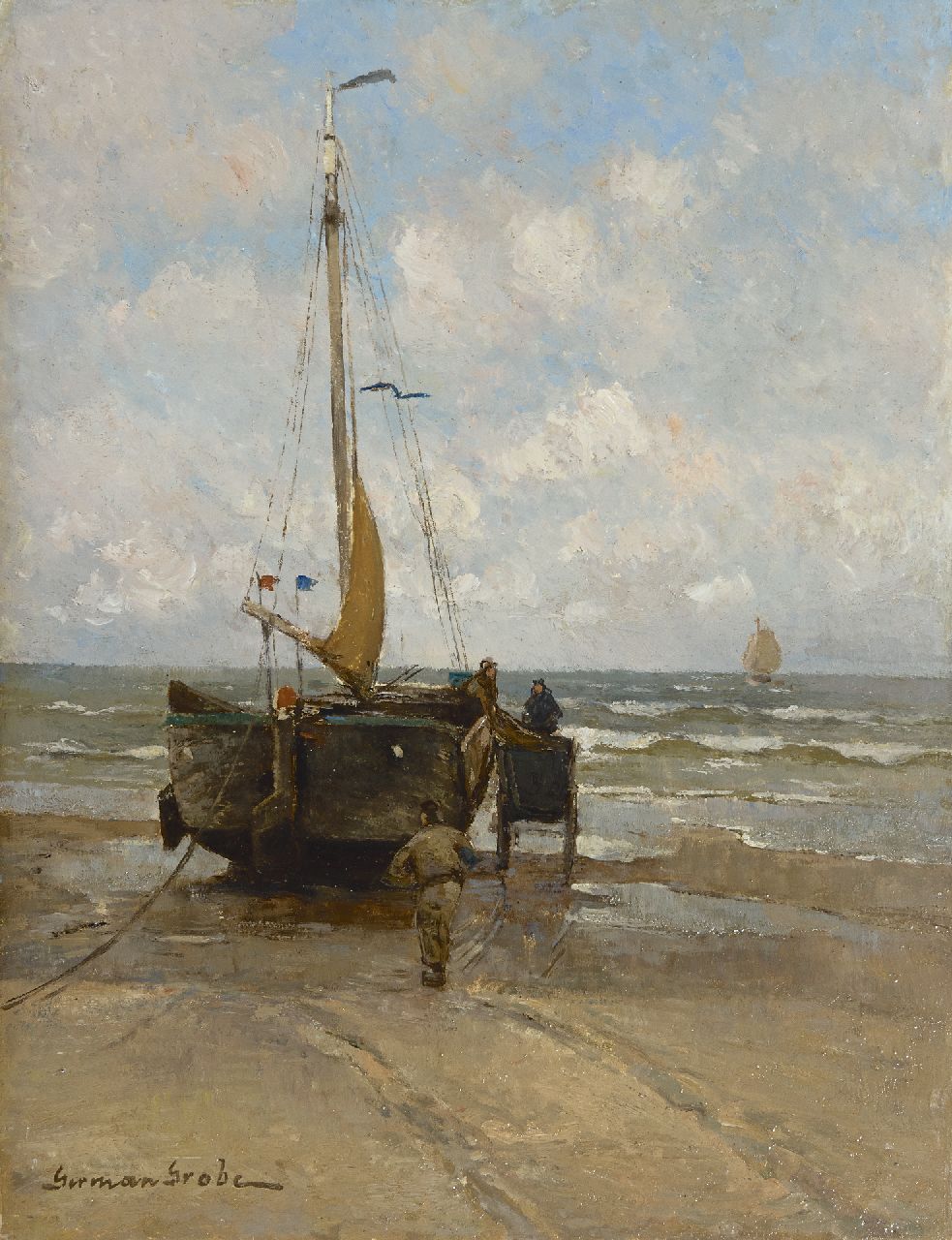 Grobe P.G.  | Philipp 'German' Grobe, Loading the nets, Katwijk, oil on panel 35.0 x 26.6 cm, signed l.l.