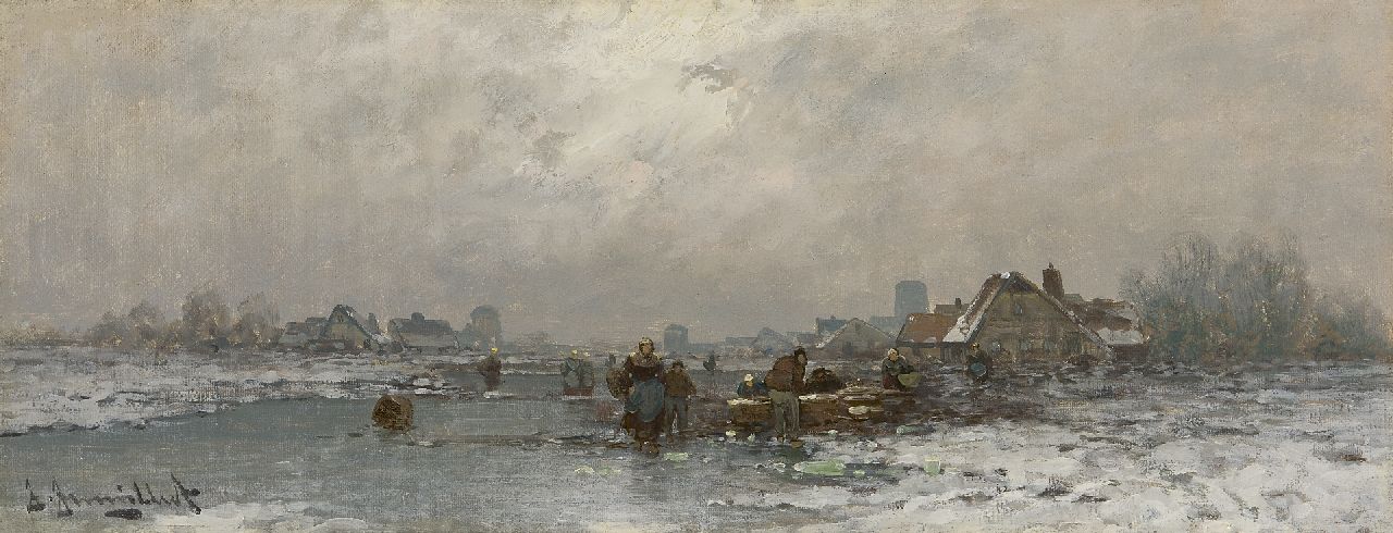 Jungblut J.  | Johann Jungblut, Fish market on a frozen river in Holland, oil on canvas 18.8 x 48.0 cm, signed l.l.