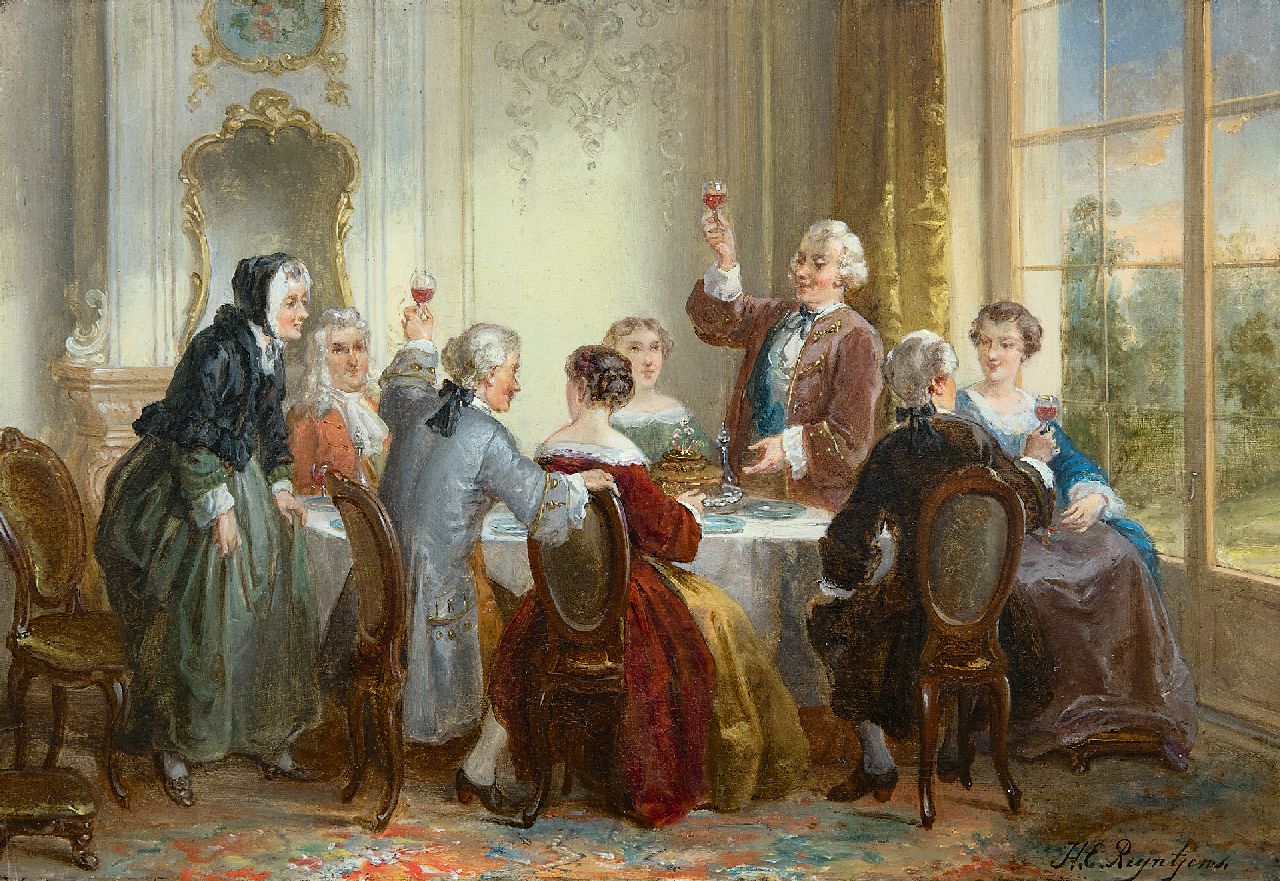 Reijntjens H.E.  | Henricus Engelbertus Reijntjens, The engagement dinner, oil on panel 22.9 x 33.5 cm, signed l.r.