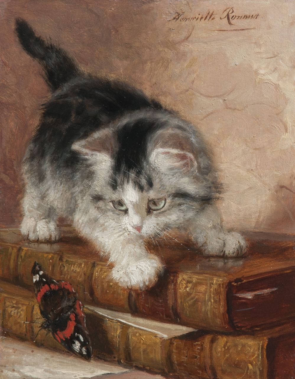 Ronner-Knip H.  | Henriette Ronner-Knip, Kitten playing with a butterfly, oil on panel 22.0 x 17.3 cm, signed u.r. and painted ca. 1887