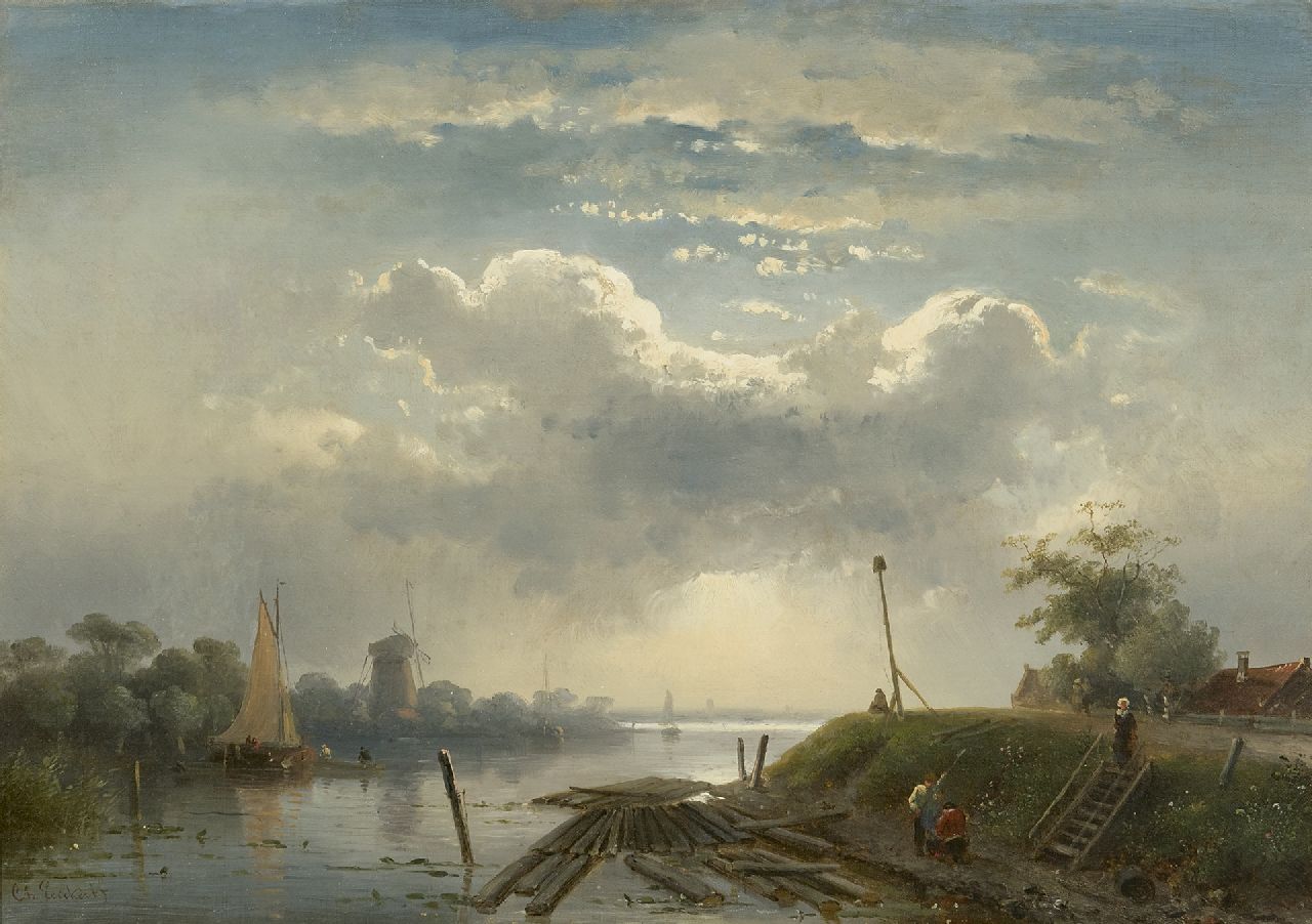 Leickert C.H.J.  | 'Charles' Henri Joseph Leickert, A river landscape in summer, oil on canvas 30.2 x 41.7 cm, signed l.r.