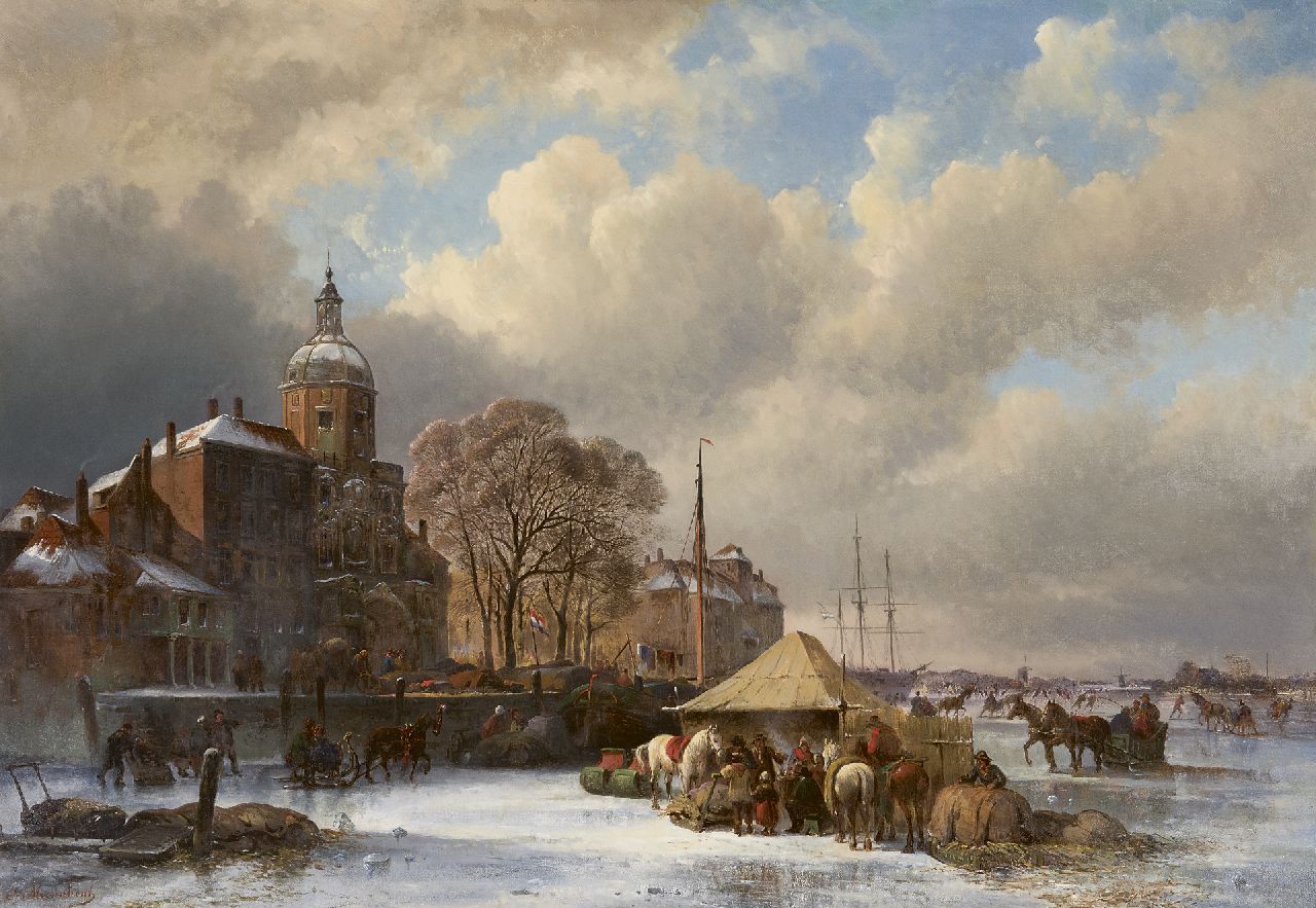 Moerenhout J.J.  | Josephus Jodocus 'Joseph' Moerenhout, A frozen Dutch riverscene near the Groothoofd, Dordrecht, oil on canvas 66.5 x 95.5 cm, signed l.l.