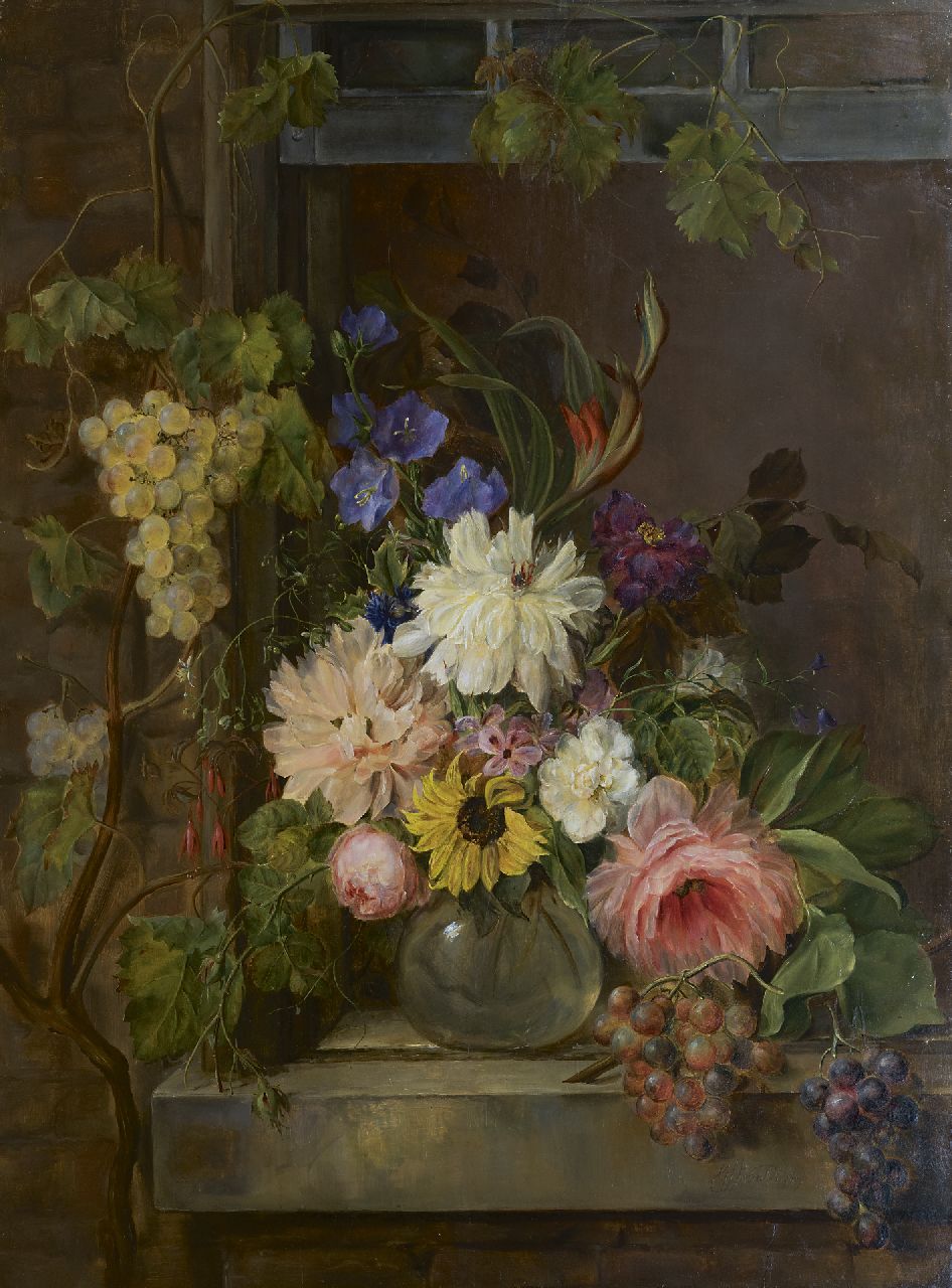 Os G.J.J. van | Georgius Jacobus Johannes van Os | Paintings offered for sale | A still life with flowers and grapes, oil on panel 97.0 x 75.5 cm, signed l.r. and dated 1809