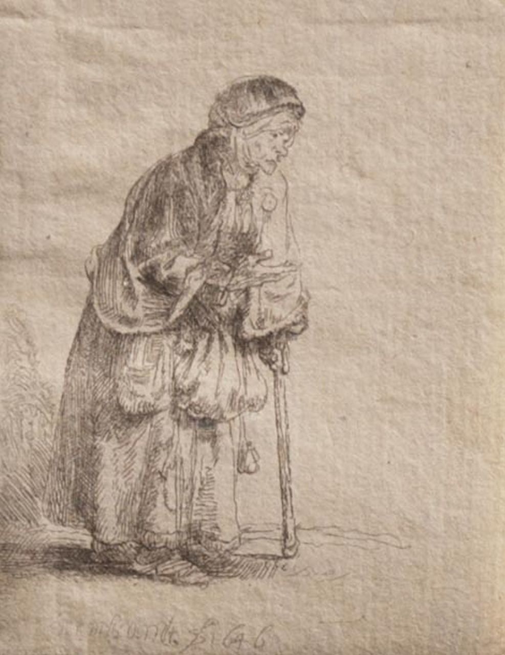 Rembrandt (Rembrandt Harmensz. van Rijn)   | Rembrandt (Rembrandt Harmensz. van Rijn), Beggar woman with stick, etching 8.0 x 6.3 cm, signed l.c. in the plate and dated 1646 in the plate