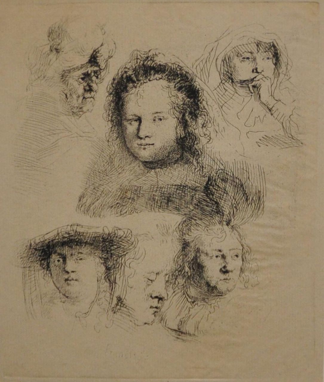 Rembrandt (Rembrandt Harmensz. van Rijn)   | Rembrandt (Rembrandt Harmensz. van Rijn), Studies of the head of Saskia and others, etching 15.1 x 12.6 cm, signed l.l. in the plate and dated 1636 in the plate