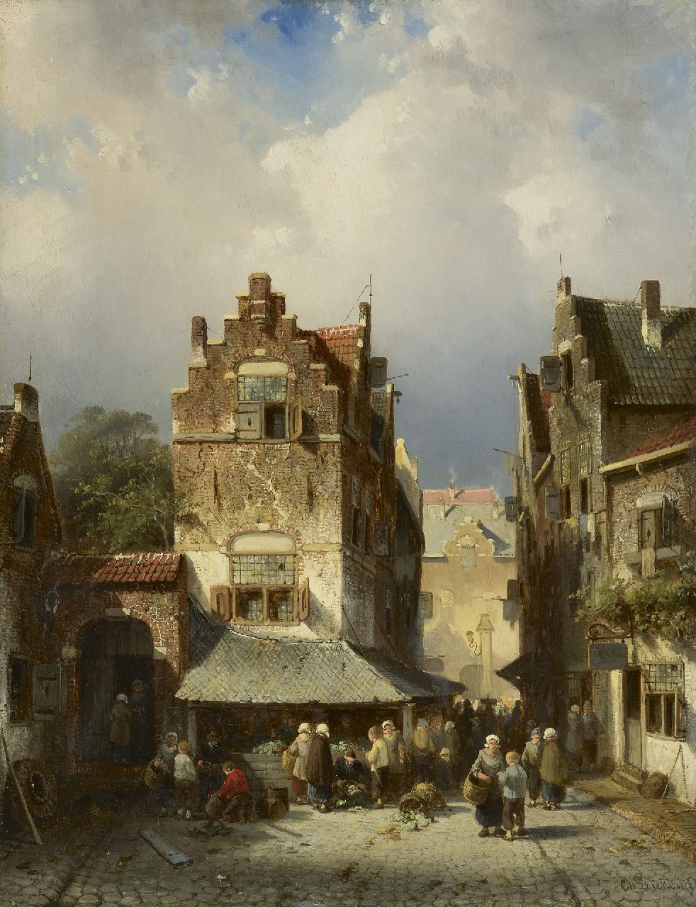 Leickert C.H.J.  | 'Charles' Henri Joseph Leickert, Town view with market place, oil on panel 43.2 x 33.7 cm, signed l.r. and on the signboard