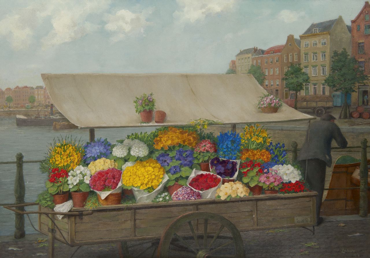 Labots G.D.  | Gerrit David Labots, A flower cart, oil on canvas 70.3 x 100.0 cm, signed l.r. and on the reverse and dated 1953