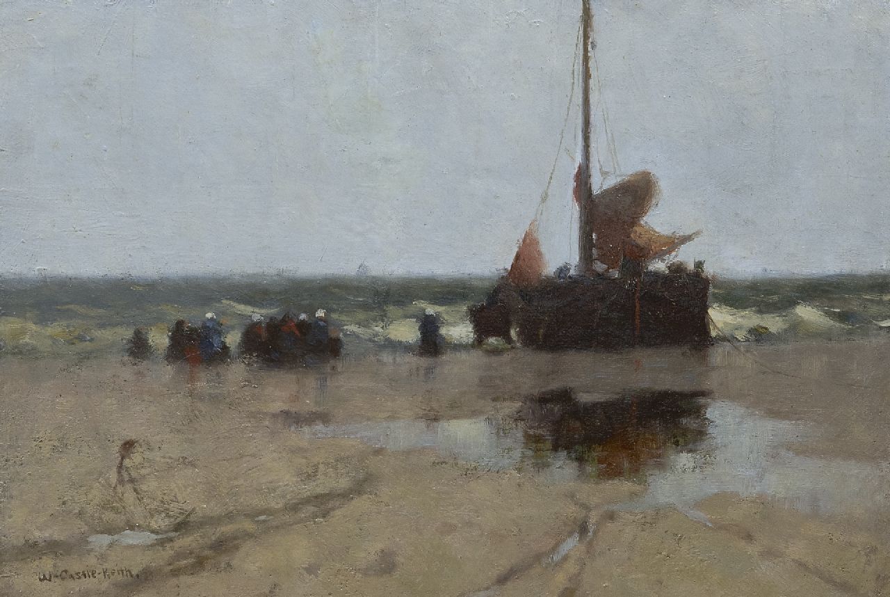 Castle Keith W.  | Walter Castle Keith, Fishing barge on the beach of Katwijk, oil on canvas laid down on board 26.5 x 38.7 cm, signed l.l.