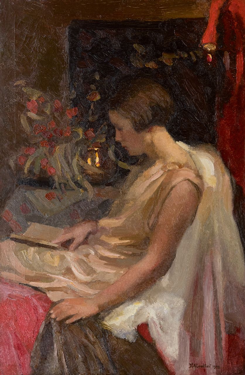 Goedhart J.C.A.  | 'Jan' Catharinus Adriaan Goedhart, A girl reading, oil on canvas 85.3 x 56.0 cm, signed l.r. and dated 1929