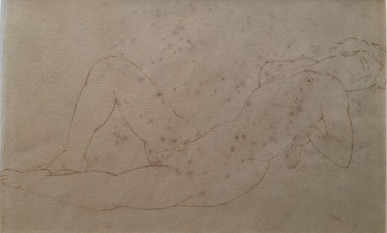 Kelder A.B.  | Antonius Bernardus 'Toon' Kelder | Watercolours and drawings offered for sale | Reclining nude, pen and ink on paper (on board) 19.6 x 29.8 cm, signed l.r.