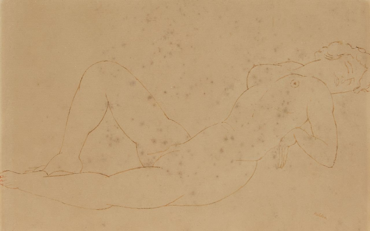 Kelder A.B.  | Antonius Bernardus 'Toon' Kelder | Watercolours and drawings offered for sale | Reclining nude, pen and ink on paper (on board) 19.6 x 29.8 cm, signed l.r.