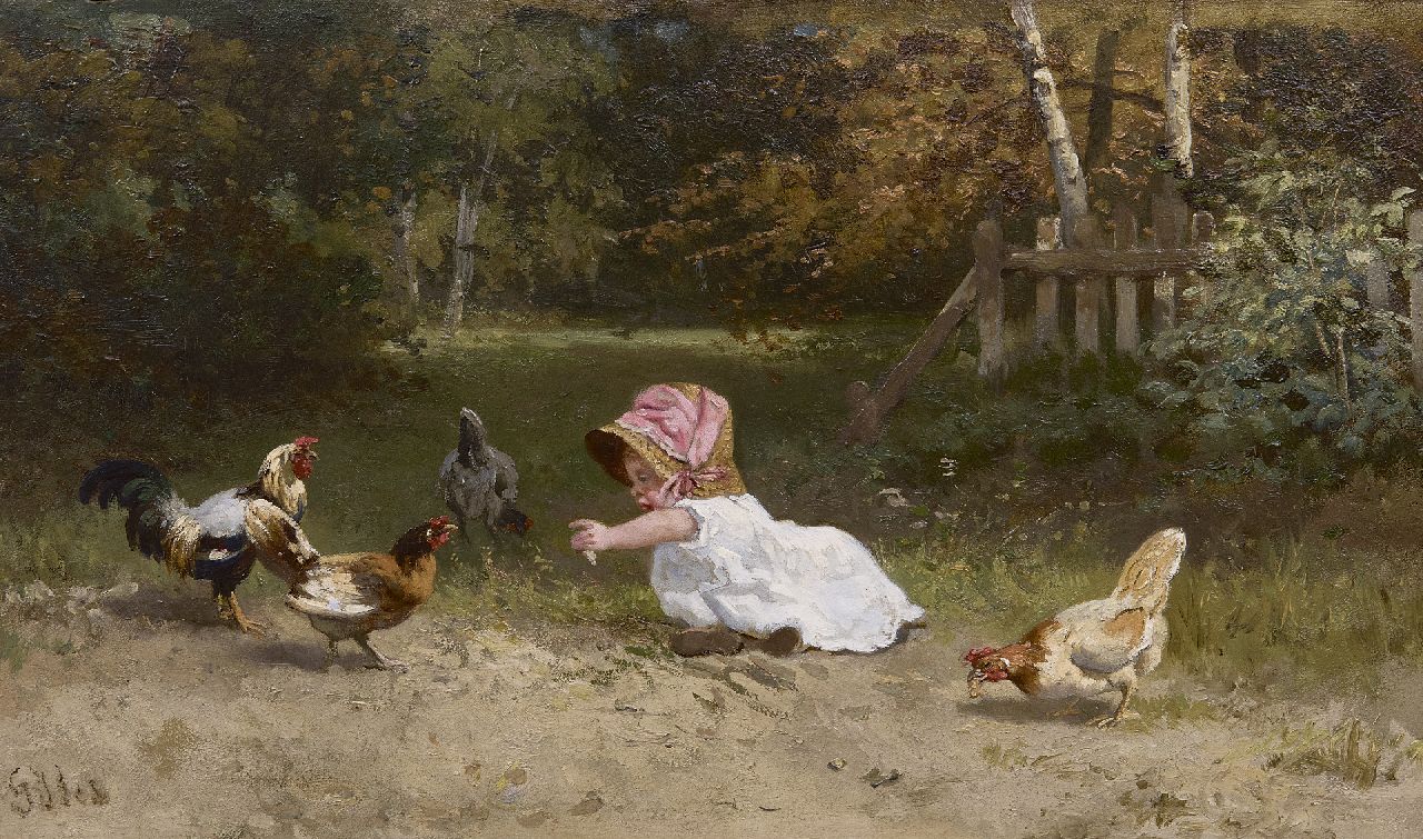 Bos G.J.  | Gerardus Johannes Bos, A child playing with chickens, oil on panel 22.4 x 38.2 cm, signed l.l.