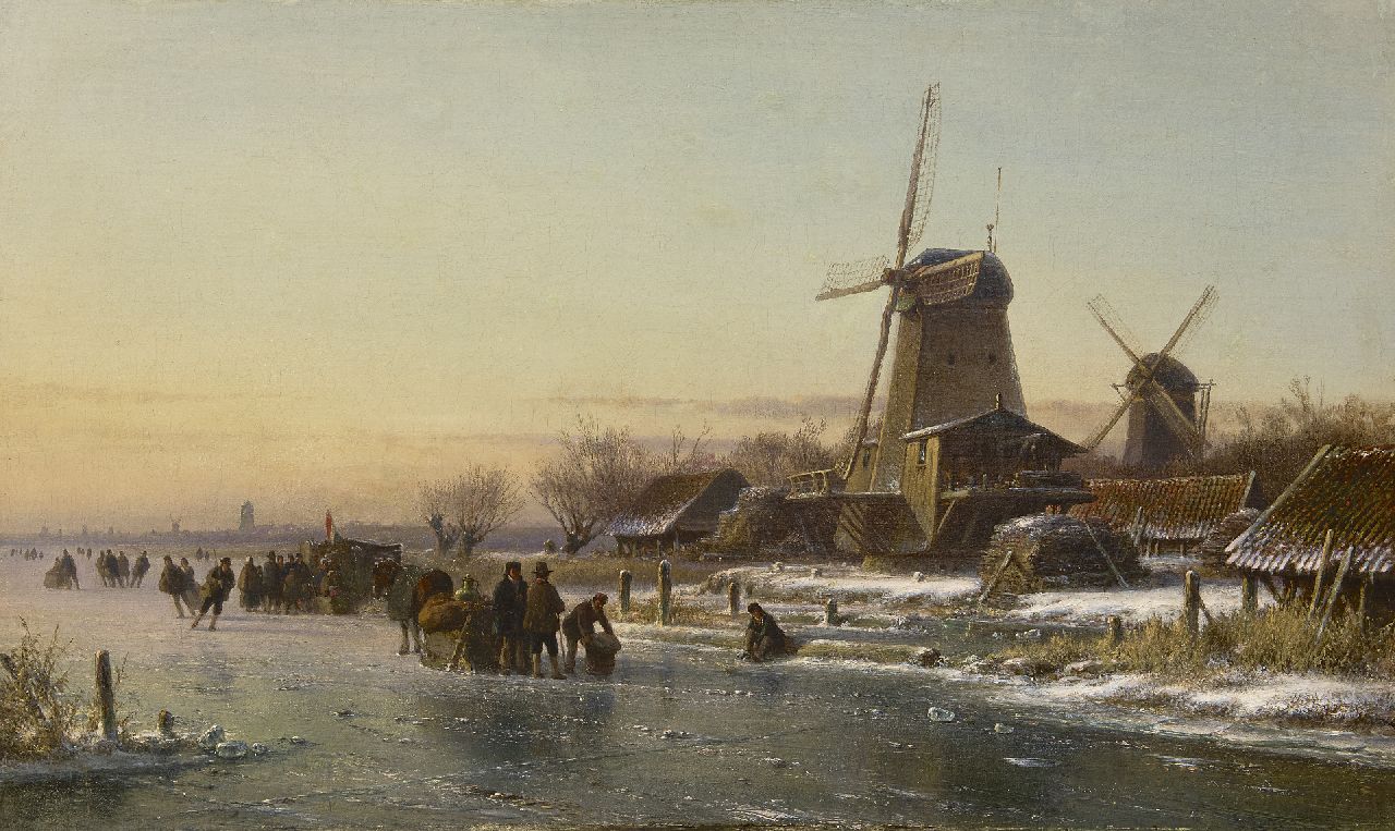 Kleijn L.J.  | Lodewijk Johannes Kleijn, Skaters and a 'koek-en-zopie' by a windmill, oil on canvas 44.2 x 73.6 cm, signed possibly l.l. (indistinctly)