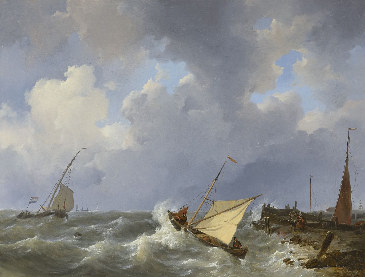 Schotel J.C.  | Johannes Christianus Schotel, Sailing ships on a choppy sea near a harbour, oil on canvas 55.6 x 73.4 cm, signed l.r. and dated 1825