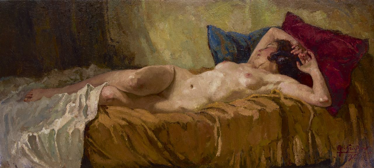 Graafland R.A.A.J.  | Robert Archibald Antonius Joan 'Rob' Graafland, Reclining nude, oil on canvas 74.4 x 162.5 cm, signed l.r. and dated 1935