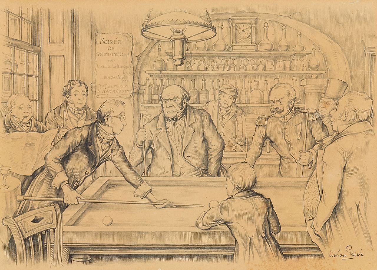 Pieck A.F.  | 'Anton' Franciscus Pieck, Playing billiard, pencil on paper 15.5 x 22.0 cm, signed l.r.