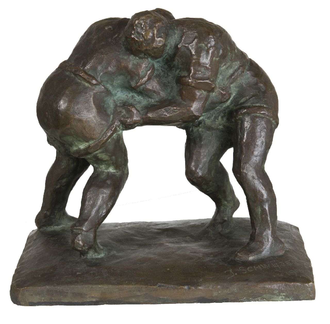Schwyzer J.  | Julius Schwyzer | Sculptures and objects offered for sale | Wrestlers, bronze 23.0 x 25.0 cm, signed on the base and dated 1917