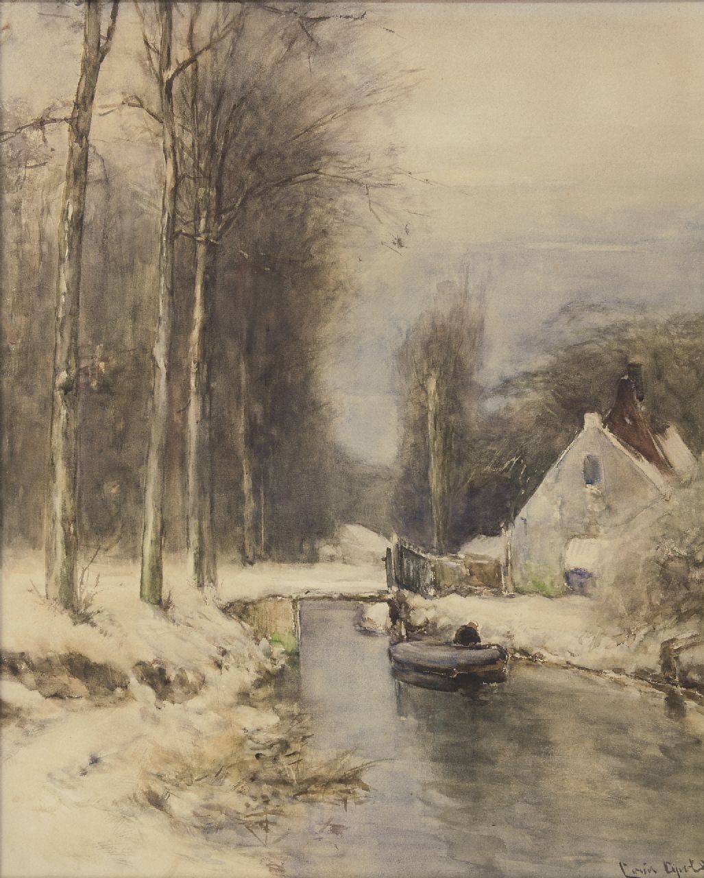 Apol L.F.H.  | Lodewijk Franciscus Hendrik 'Louis' Apol, Winter scene with house along a canal, gouache on paper 58.0 x 47.0 cm, signed l.r.